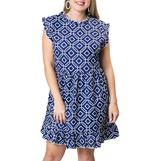 Navy and White Octagon sleeveless dress with ruffle at sleeve, neck and hem,  above-the-knee length