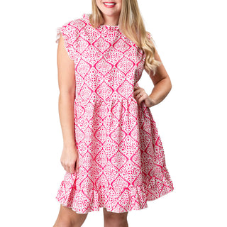 Pink Damask sleeveless dress with ruffle at sleeve, neck and hem,  above-the-knee length
