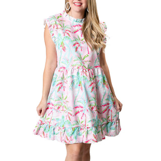 Pink Palm Trees sleeveless dress with ruffle at sleeve, neck and hem,  above-the-knee length