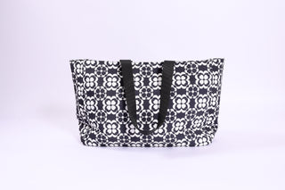 Black and white geometric floral patterned tote bag 