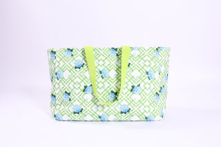 Green and blue tote bag with Hydrangea bamboo pattern 