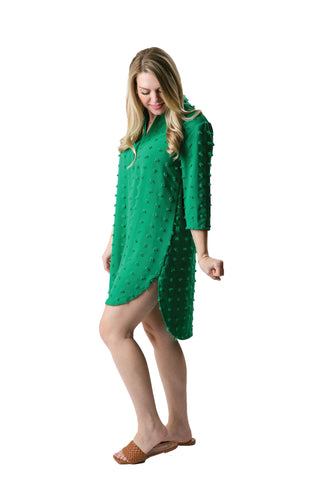 Green Carmella Tunic Dress with feminine swiss dot pom fabric, perfect for summer.