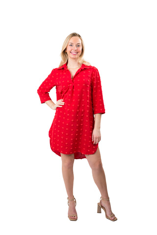 Red Carmella Tunic Dress with feminine swiss dot pom fabric, perfect for summer.