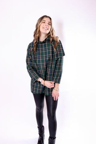 Green Plaid Cecily Swing Blouse Back View – Back view of green plaid Cecily Swing Blouse showcasing tie neck and keyhole detail.