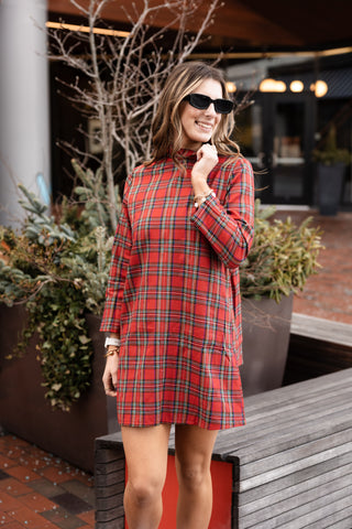 Red Plaid Cecily Swing Blouse – Festive red plaid Cecily Swing Blouse styled with holiday flair.