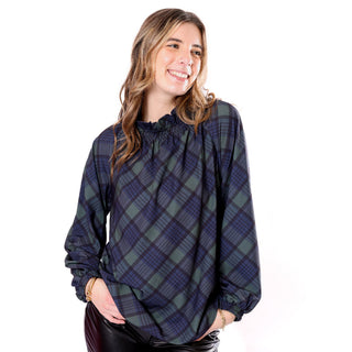 Black watch plaid smock top with ruffle collar