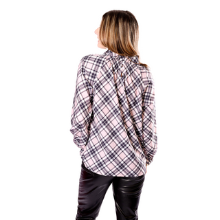 back of pink and black plaid shirt with ruffle collar