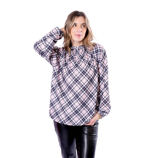 pink and black plaid smock top with ruffle collar