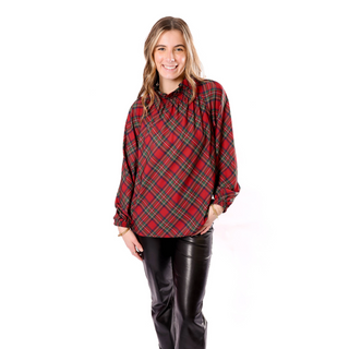 red tartan plaid smock top with ruffle collar