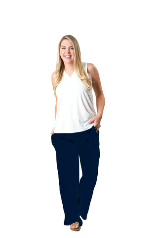 navy wide leg palazzo pant with drawstring waist and pockets