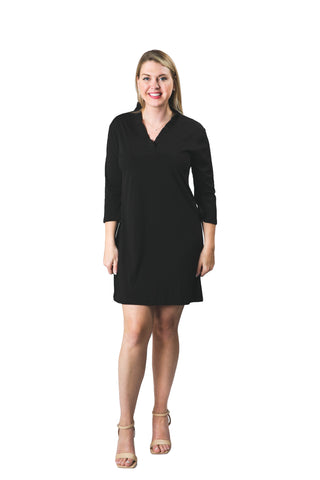 Black Easy Travel Machine Washable 3/4 Sleeve Dress with ruffled V-neck