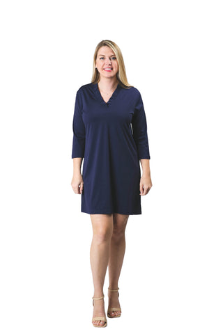 Navy Easy Travel Machine Washable 3/4 Sleeve Dress with ruffled V-neck