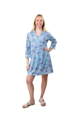 Ruffle collar , 3/4 sleeve dress in Blue Multi Starfish