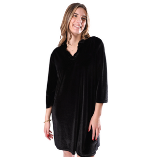 Black velvet luxe dress with ruffled neckline and ¾ long sleeves