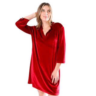Red velvet luxe dress with ruffled neckline and ¾ long sleeves