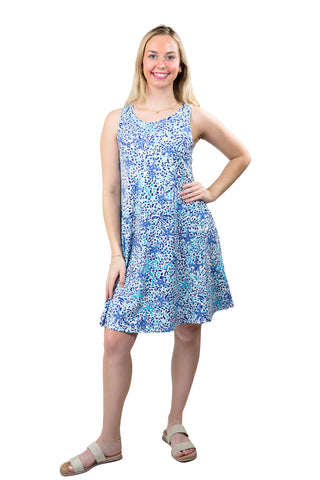 Sleeveless A-line dress with pockets in blue multi starfish