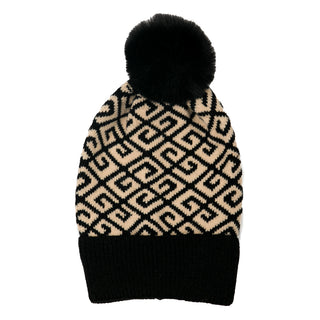 Black and camel Greek key beanie hat with pom pom