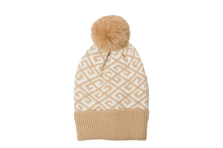 White and camel greek key beanie hat with pom pom