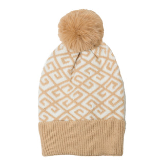 Cream and camel Greek key beanie hat with pom pom