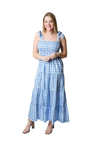 Tiered dress with tie straps in light blue with blue