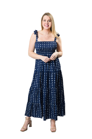 Tiered dress with tie straps in navy with white