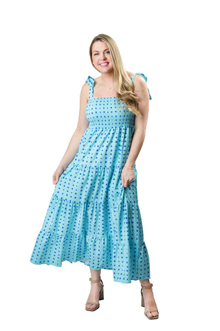 Tiered dress with tie straps in turquoise with blue