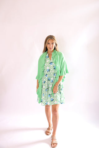 Maddie Dress in hydrangea blue print, chic sleeveless tiered dress.