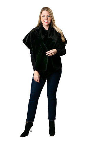 Katie Faux Fur Wrap in black – soft satin-lined evening shawl with keyhole closure.