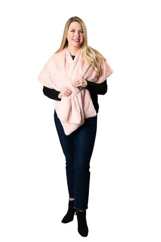 Katie Faux Fur Wrap in blush pink – soft satin-lined evening shawl with keyhole closure.