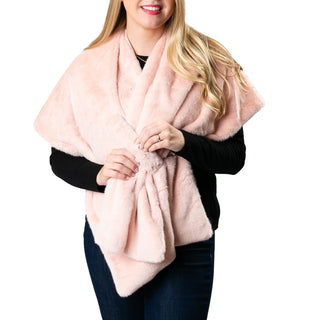 Katie Faux Fur Wrap in blush pink – soft satin-lined evening shawl with keyhole closure.