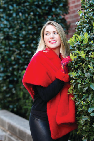 Katie Faux Fur Wrap in tomato red – soft satin-lined evening shawl with keyhole closure.