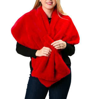 Katie Faux Fur Wrap in bold red – elegant faux fur shawl for weddings and holiday parties.
