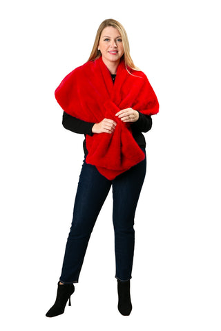 Katie Faux Fur Wrap in tomato red – soft satin-lined evening shawl with keyhole closure.