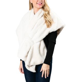 Katie Faux Fur Wrap in winter white – perfect faux fur bridal wrap with tapered diamond back.