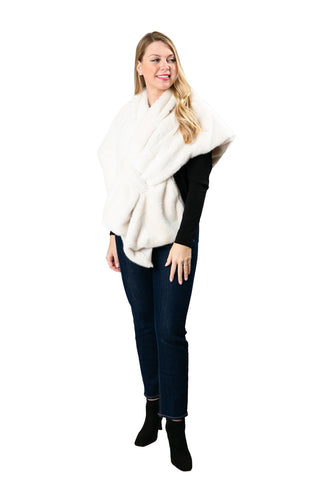 Katie Faux Fur Wrap in white – soft satin-lined evening shawl with keyhole closure.