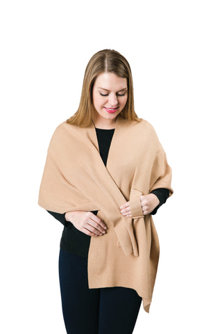Camel knit wrap shawl with keyhole 