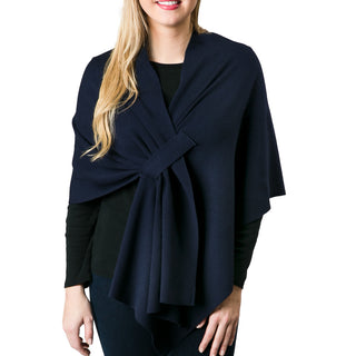 Navy knit wrap shawl with keyhole closure