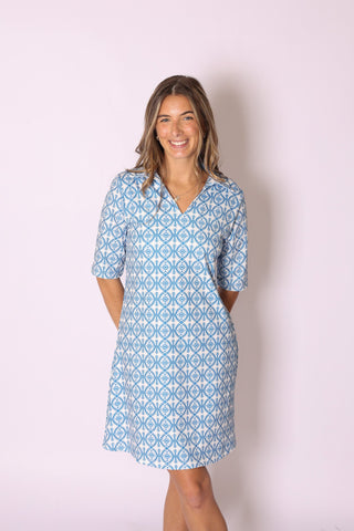 Sage Dress in blue and white geometric diamond print, casual yet elegant spring style.