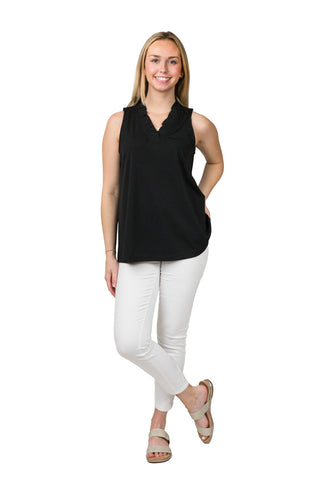 Ruffle V-neck tank top in black