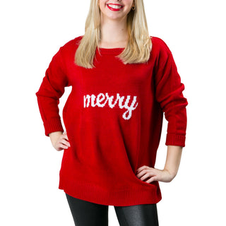 Red with white script Merry on long-sleeve crew neck sweater