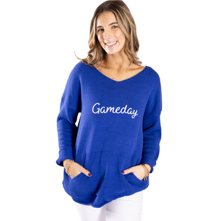 Blue sweater with white gameday lettering and pockets