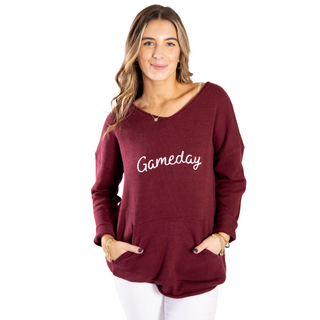 Maroon sweater with white gameday lettering and pockets