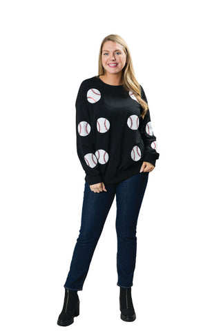 Black sweatshirt top with sequin baseballs