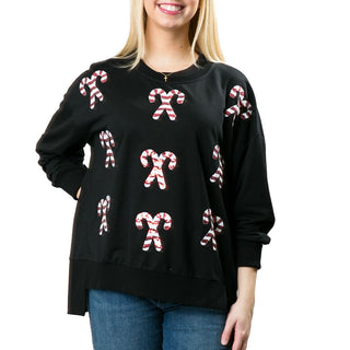 High Low holiday sweatshirt with sequined candy canes 