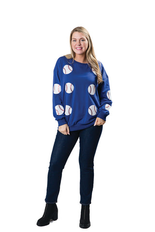 Blue sweatshirt top with sequin baseballs