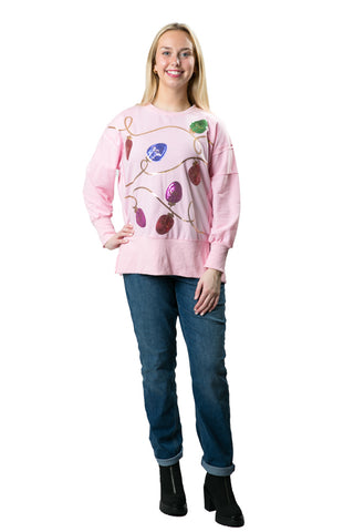 Pink sweatshirt with sequin holiday lights
