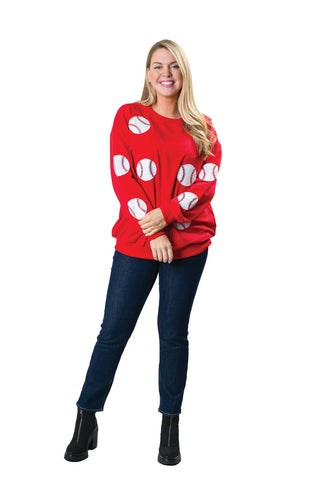 red sweatshirt top with sequin baseballs