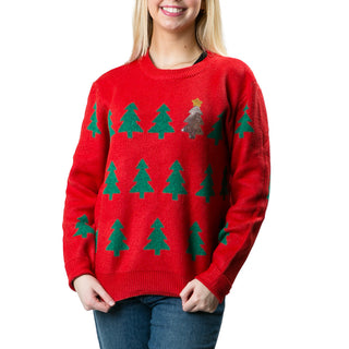 Red sweater with silver sequin tree