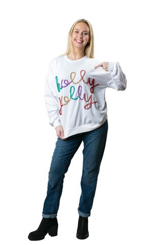 White sweatshirt with multicolor metallic holly jolly