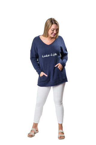 Navy long sleeve, with long v-neck sweater with white Lake Life script on front